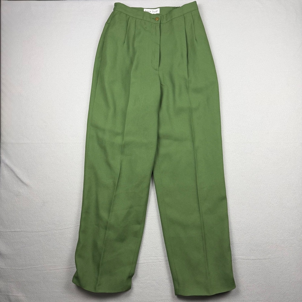 Vintage Karen Stuart Women 10 Green Pleated High Waisted Wide Leg Trousers USA